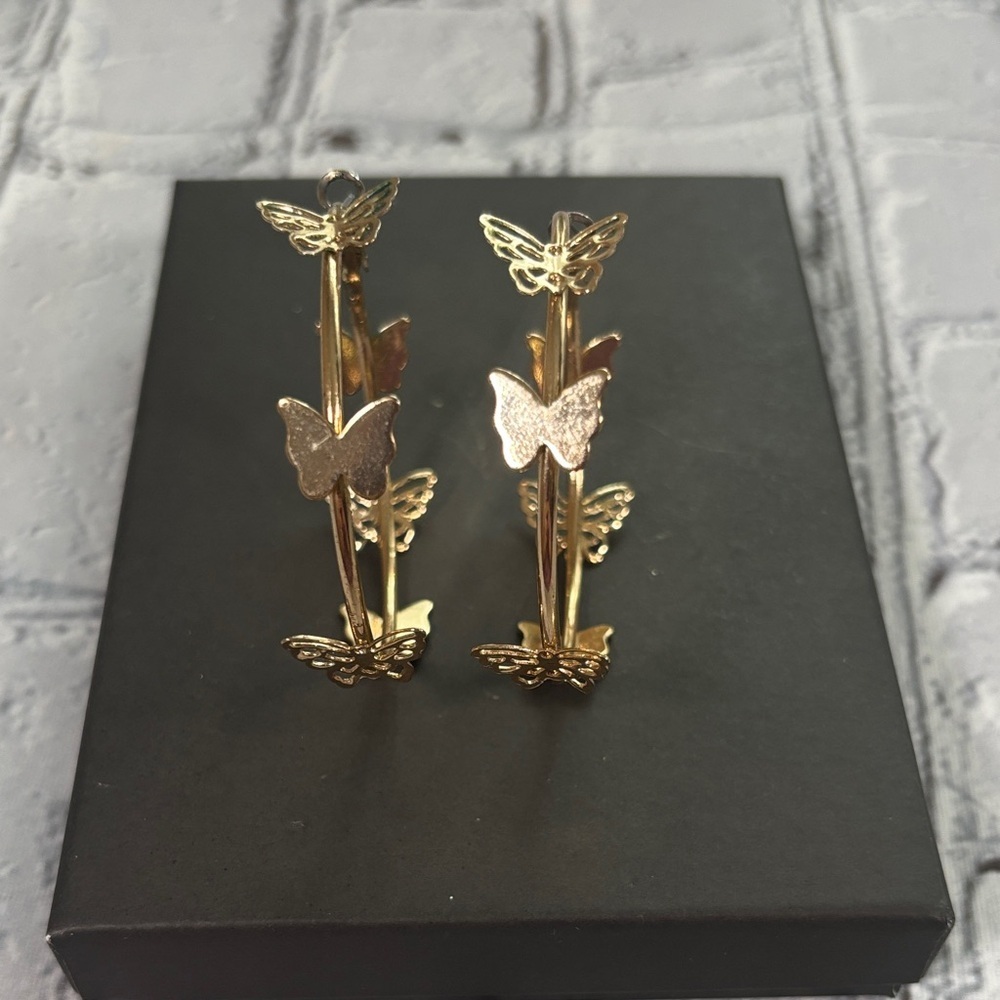 Gold Tone Butterfly Hoop Earrings